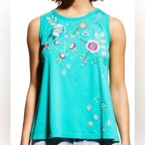 NWT Johnny Was Martine Floral-Embroidered Cotton Knit Tank in teal XXL